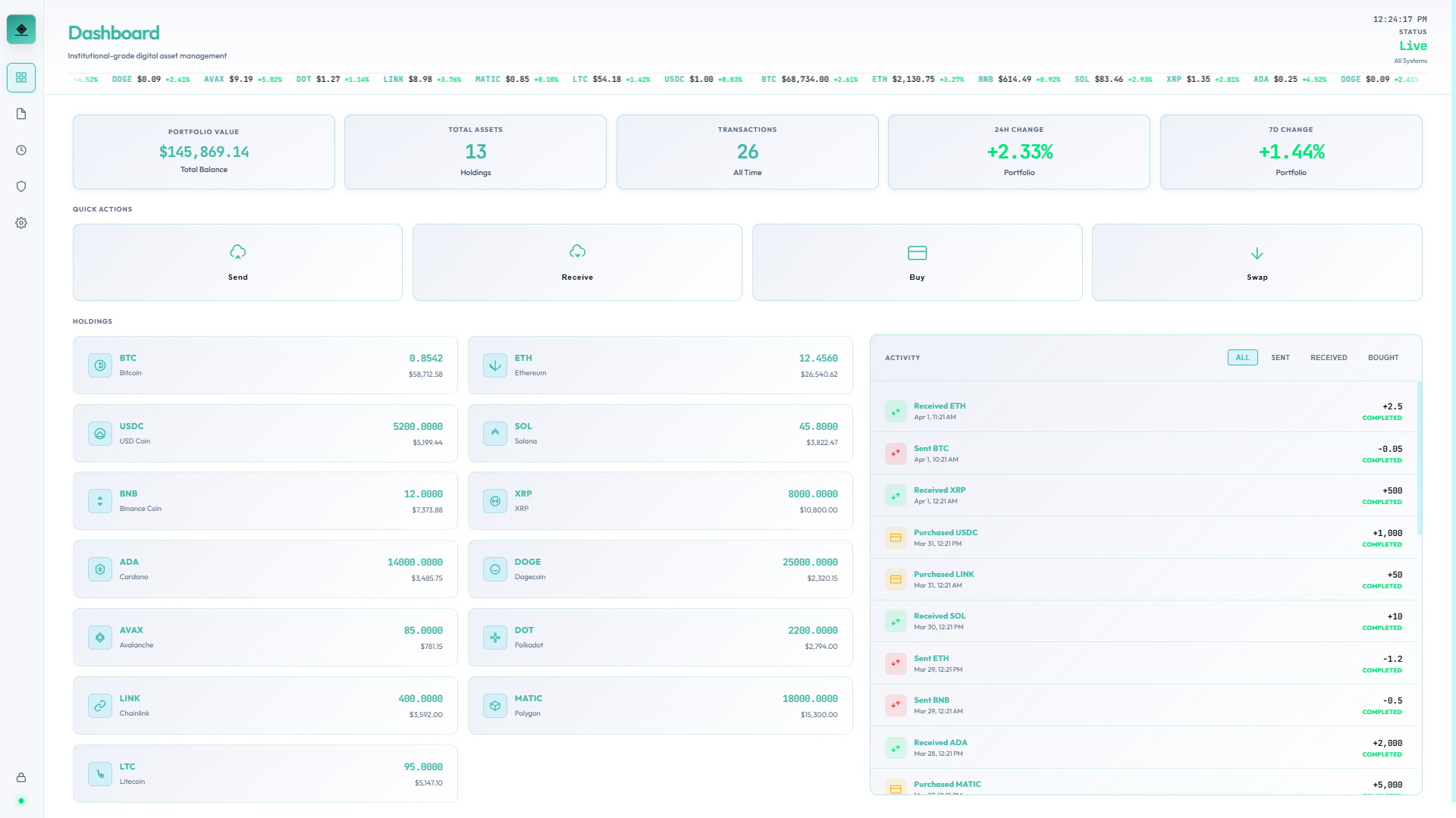 CryptoVault dashboard — light theme